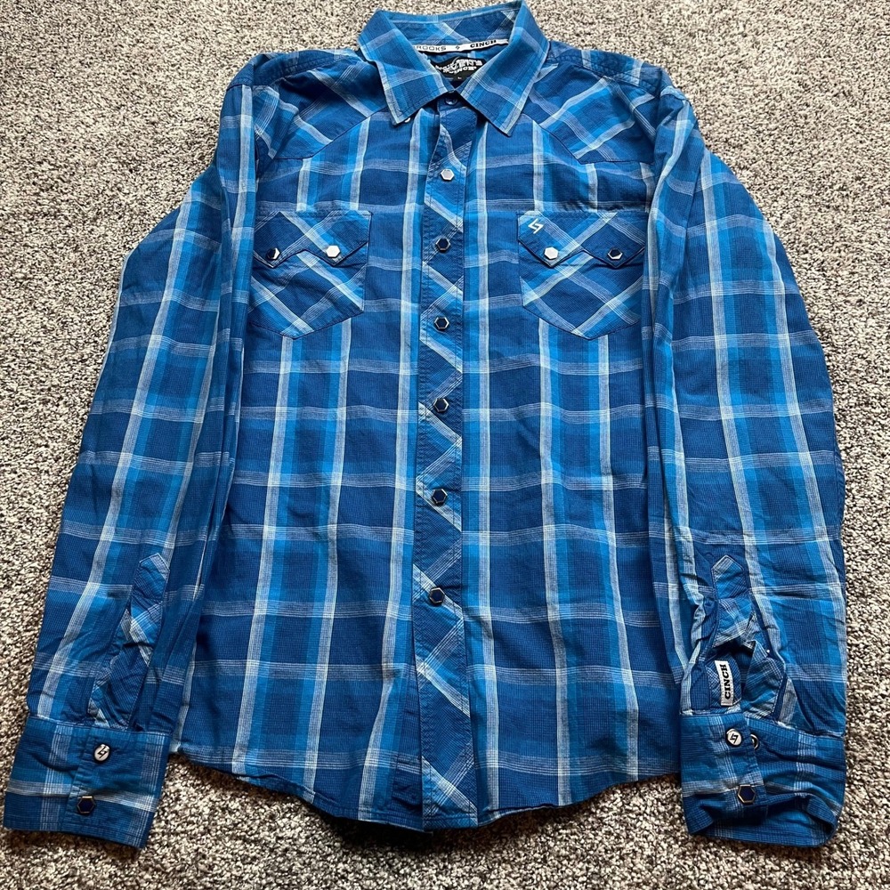 Cinch Shirt Mens L Garth Brooks pearl snap Blue Plaid Snap Button Western